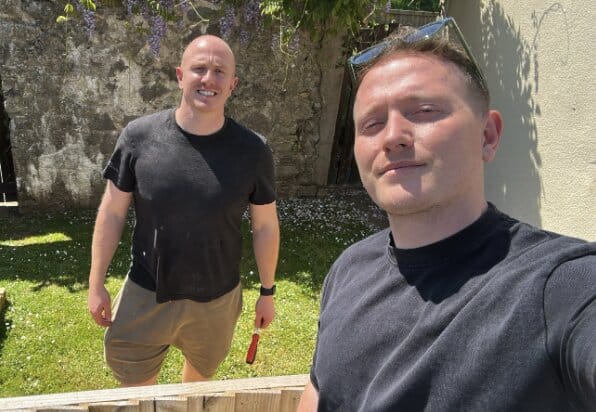 Dave and Bryn of Norton Court Farm in the cottage garden, Kewstoke