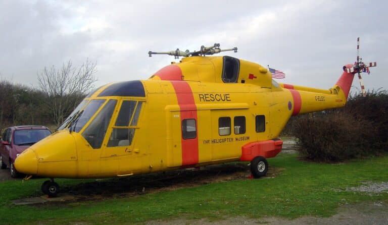 Yellow rescue helicopter outside The Helicopter Museum, Weston-super-Mare