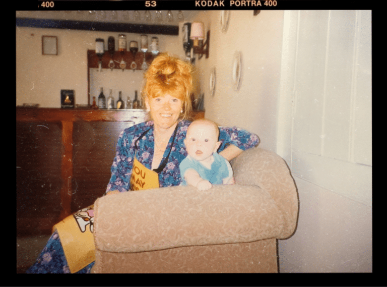 Sal with baby Bryn in the old farmhouse bar, 1991